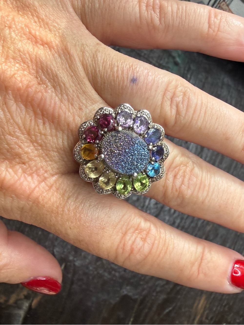 Vintage Multicolor Druzy Flower Statement Ring 925